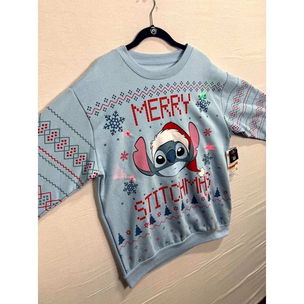 Disney Stitch Merry Stitchmas Christmas Sweatshirt Mens Large Blue Crew Neck - Picture 4 of 11
